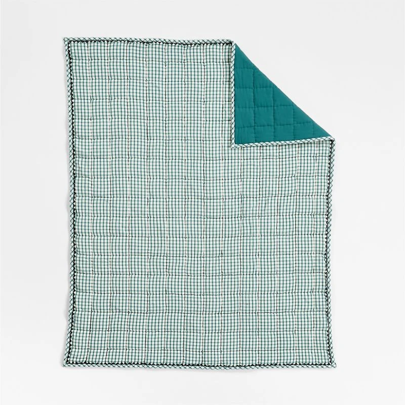 Teal Windowpane Plaid Organic Cotton Baby Crib Quilt