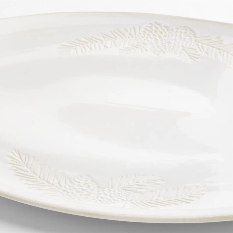 Winter Pinecone Oval White Stoneware Platter