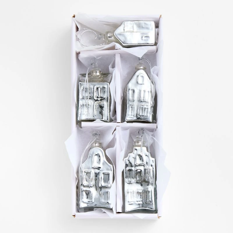 Mercury Glass Winter Village Christmas Ornaments, Set of 5