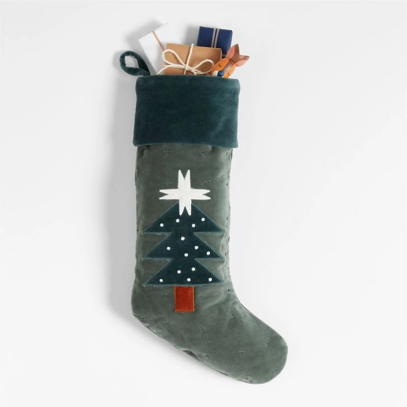 Wonderland Velvet Green Tree Kids Christmas Stocking