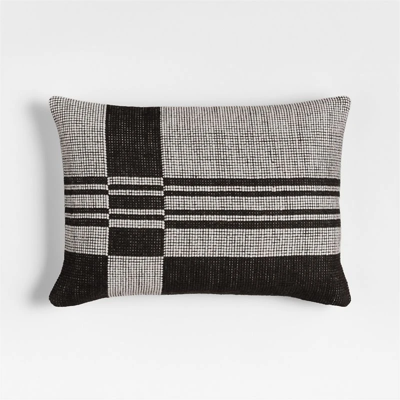 Wool/Linen Plaid 22"x15" Midnight Navy Throw Pillow with Feather Insert