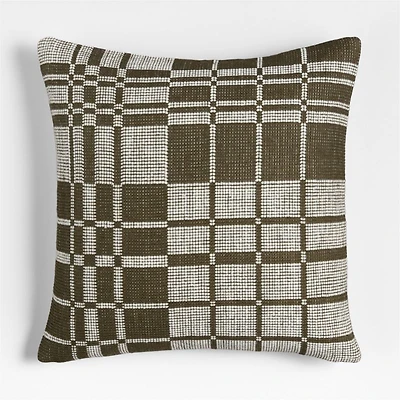 Wool/Linen Plaid 23"x23" Burnt Green Throw Pillow with Feather Insert