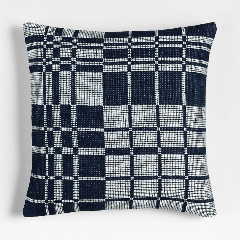Wool/Linen Plaid 23"x23" Deep Indigo Throw Pillow with Feather Insert