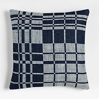 Wool/Linen Plaid 23"x23" Deep Indigo Throw Pillow with Feather Insert