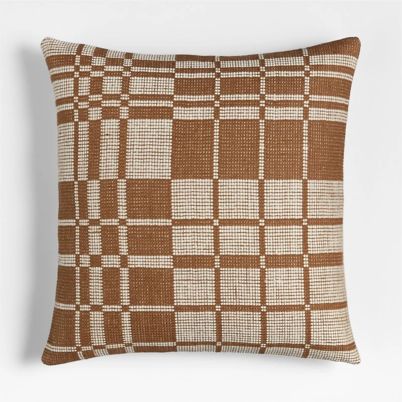 Wool/Linen Plaid 23"x23" Maple Brown Throw Pillow with Feather Insert