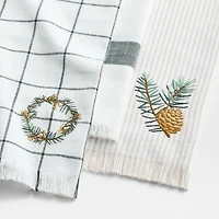 Wreath Embroidered and Windowpane Organic Cotton Kitchen Towels, Set of 3