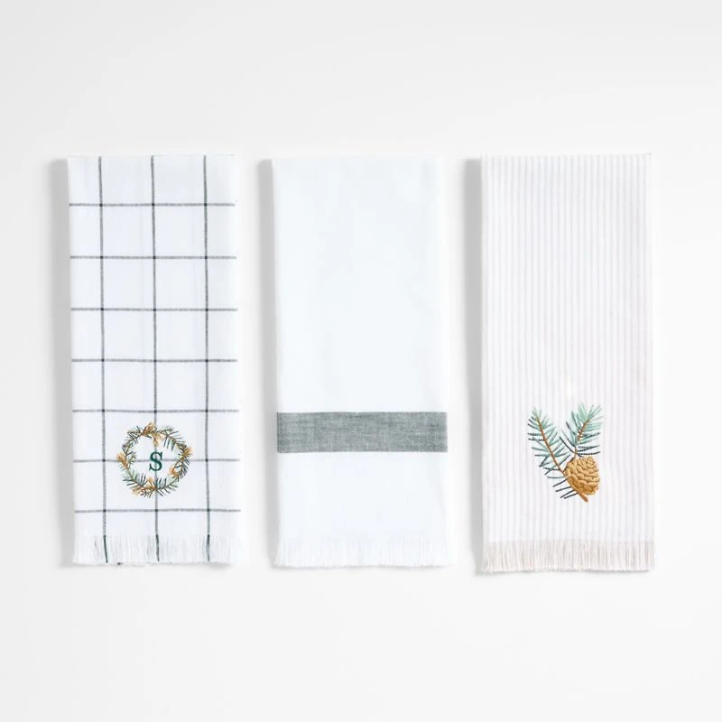 Wreath Embroidered and Windowpane Organic Cotton Kitchen Towels, Set of 3