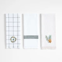 Wreath Embroidered and Windowpane Organic Cotton Kitchen Towels, Set of 3