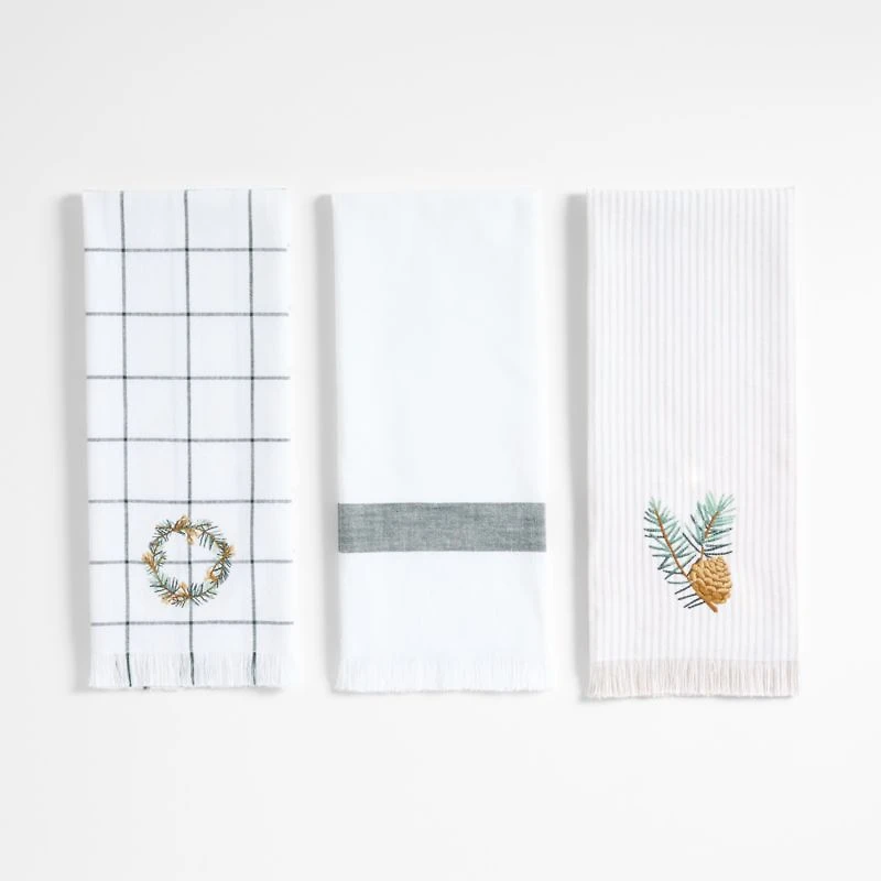 Wreath Embroidered and Windowpane Organic Cotton Kitchen Towels, Set of 3
