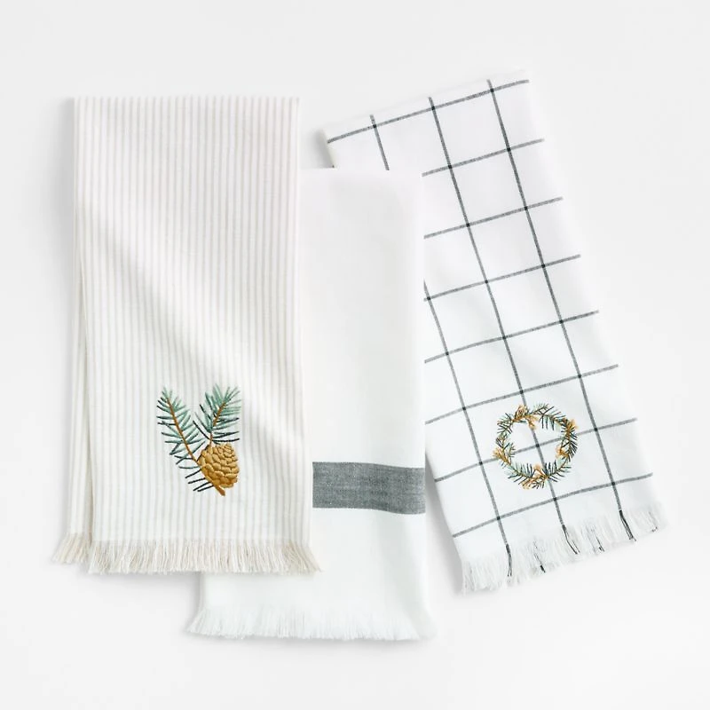 Wreath Embroidered and Windowpane Organic Cotton Kitchen Towels, Set of 3