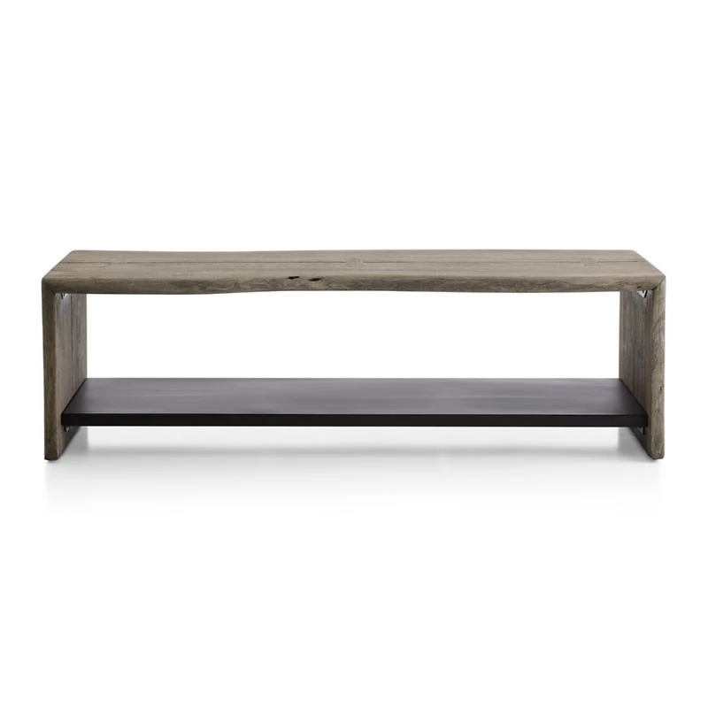 Yukon Weathered Grey Live Edge Solid Wood Storage Entryway Bench with Shelf