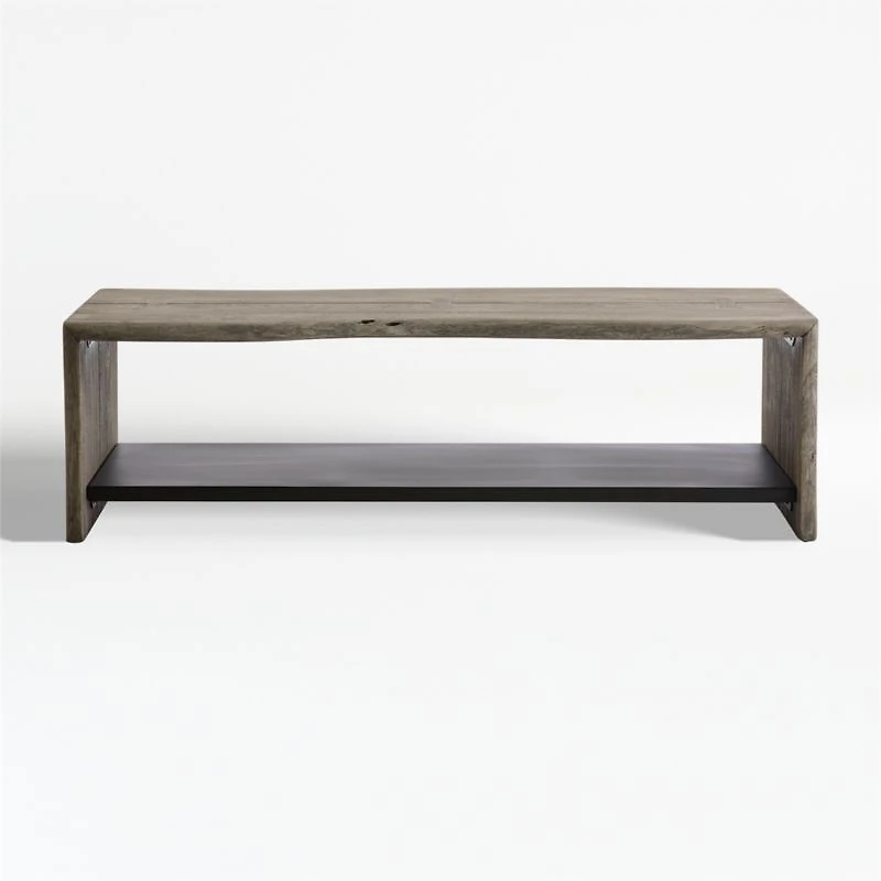 Yukon Weathered Grey Live Edge Solid Wood Storage Entryway Bench with Shelf