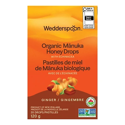 Wedderspoon Organic Manuka Honey Drops- Ginger with Echinacea - 120g