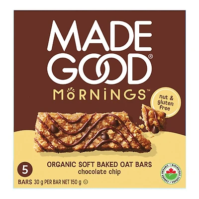 MadeGood Mornings Soft Baked Oat Bars - Chocolate Chip - 5x30g
