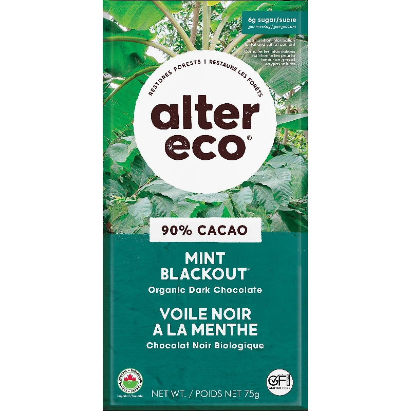 Alter Eco Dark Organic Chocolate - 90% Cacao - Mint Blackout - 75g