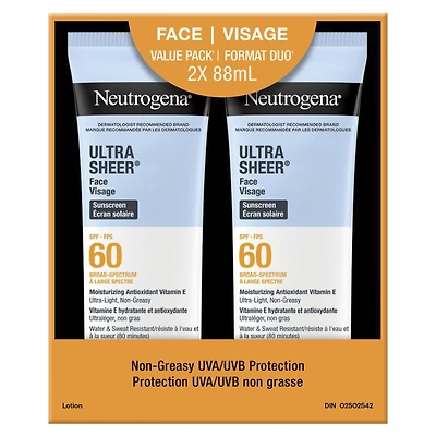 NEUTROGENA U/SHEER FACE 2PK SPF60/88ML