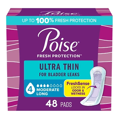 Poise Ultra Thin Incontinence & Postpartum Long Pads - Moderate Absorbency - 48 Count