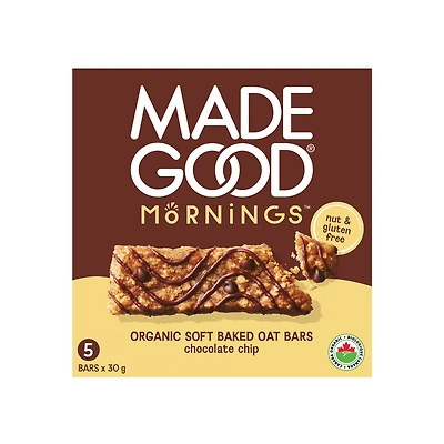 MadeGood Mornings Soft Baked Oat Bars - Chocolate Chip - 5x30g