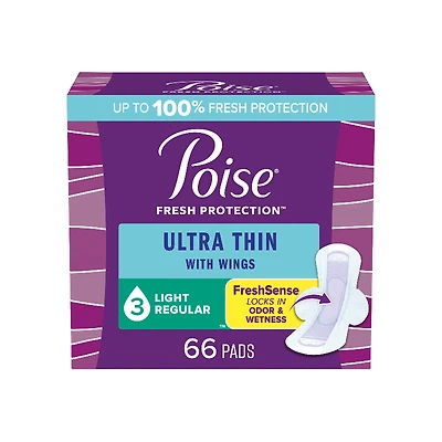 Poise Ultra Thin Regular Length Incontinence & Postpartum Pads With Wings - Light Absorbency - 66 Count
