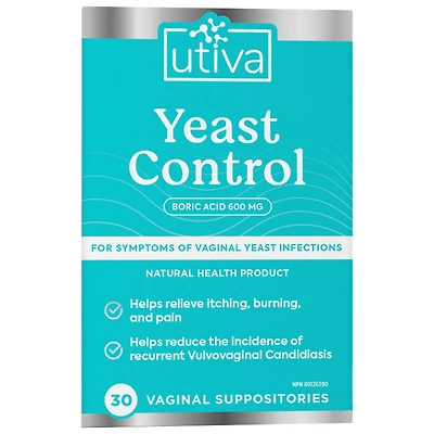 Utiva Yeast Control Boric Acid Suppositories - 600mg - 30's