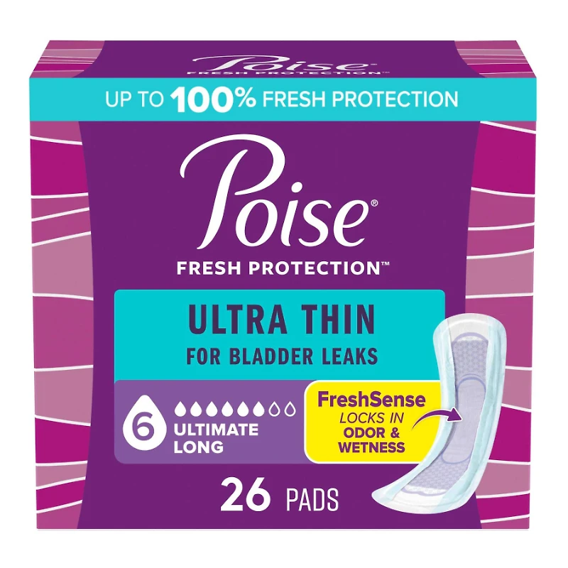 Poise Ultra Thin Long lenth Incontinence & Postpartum Pads - Ultimate Absorbency - 26 Count