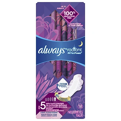 Always Radiant Size 5 Extra Heavy Overnight Pads - 18's