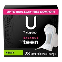 U by Kotex Balance Ultra Thin Pads with Wings - Extra Absorbency - Teens/28 Count