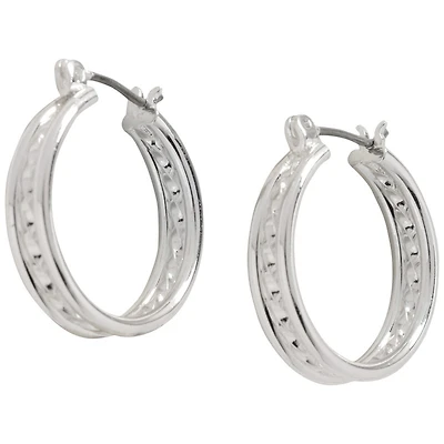 Primavera Round Textured Hoop Earrings - Silver