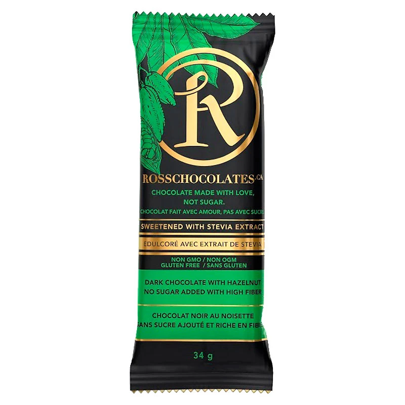 RossChocolates Sweetened with Stevia Bar - Dark Chocolate with Hazelnut- 34g