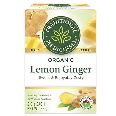 Traditional Medicinals Organic Lemon Ginger Wrapped Tea Bags - Sweet and Enjoyably Zesty - 16s