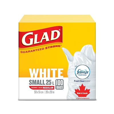 Glad Easy-Tie Small Bags with Febreze Fresh Clean Scent - White - 100s/25L