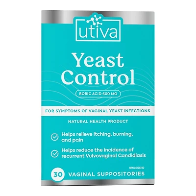 Utiva Yeast Control Boric Acid Suppositories - 600mg - 30's
