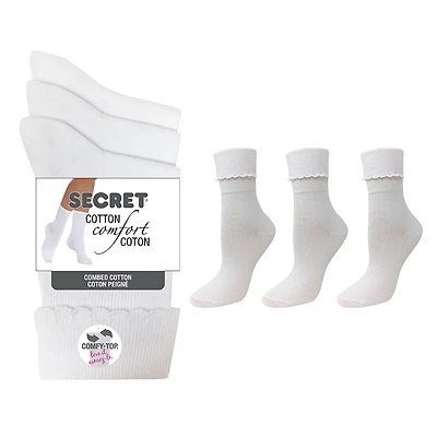 Secret Ladies Cotton/Lycra Cuff Socks - White - 3 pairs