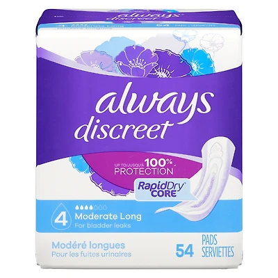 Always Discreet Incontinence Pads - Long - Moderate - 54's