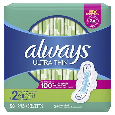 Always Ultra Thin Sanitary Pads - Long Super - Size 2 - 58's