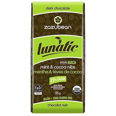 Zazubean Lunatic Dark Chocolate Bar - Mint and Cocoa Nibs - 85g
