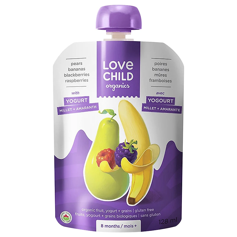 Love Child Organics Puree - Pears, Bananas, Blackberries and Raspberries with Yogurt - 128ml