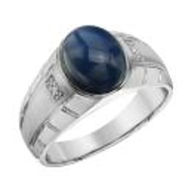 Sterling Silver Created Blue Star Sapphire And Diamond Ring
