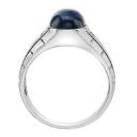 Sterling Silver Created Blue Star Sapphire And Diamond Ring