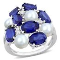 Julianna B Sterling Silver 4-5.5Mm Pearl And Created Sapphire Ring