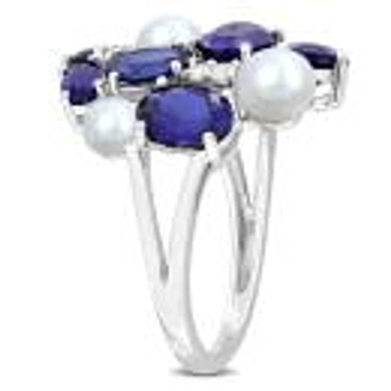 Julianna B Sterling Silver 4-5.5Mm Pearl And Created Sapphire Ring