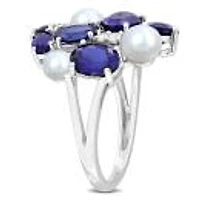 Julianna B Sterling Silver 4-5.5Mm Pearl And Created Sapphire Ring