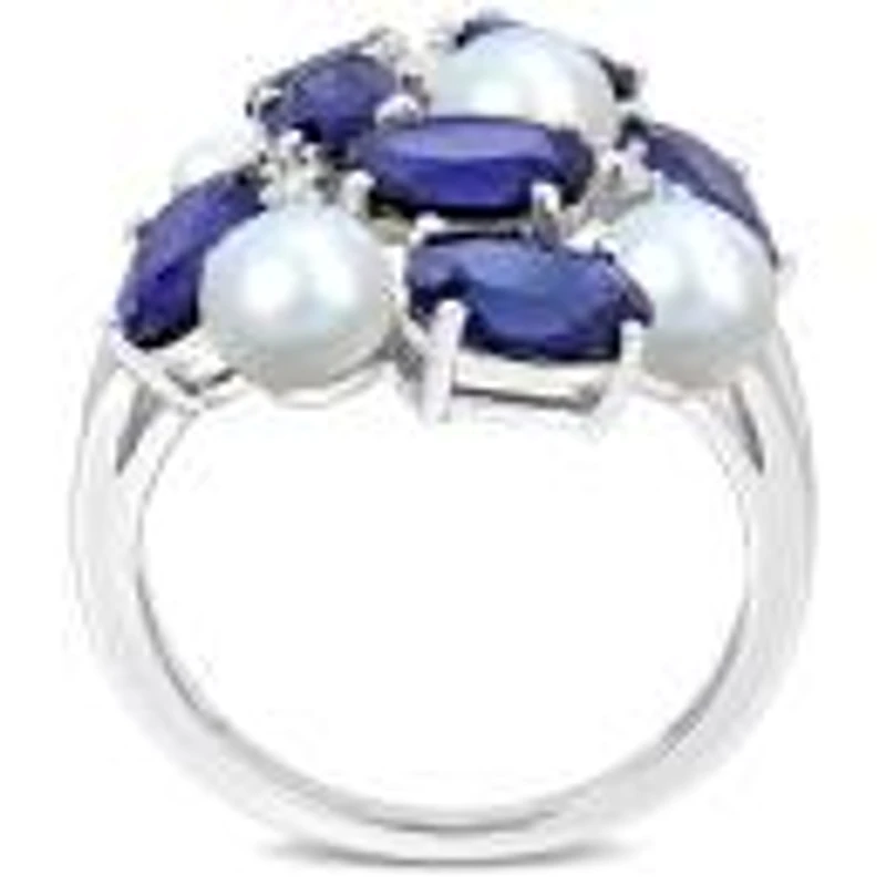Julianna B Sterling Silver 4-5.5Mm Pearl And Created Sapphire Ring