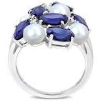 Julianna B Sterling Silver 4-5.5Mm Pearl And Created Sapphire Ring