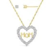 Lab Grown 0.10Ctw Mom Diamond Pendant & Earring Set In 18K Yellow Gold Vermeil