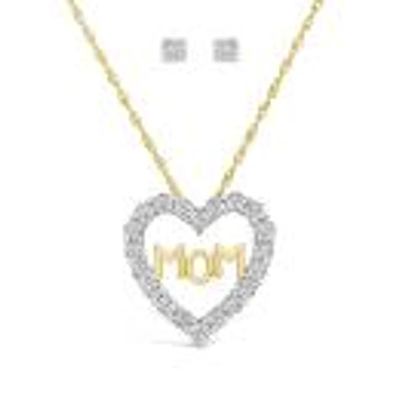 Lab Grown 0.10Ctw Mom Diamond Pendant & Earring Set In 18K Yellow Gold Vermeil