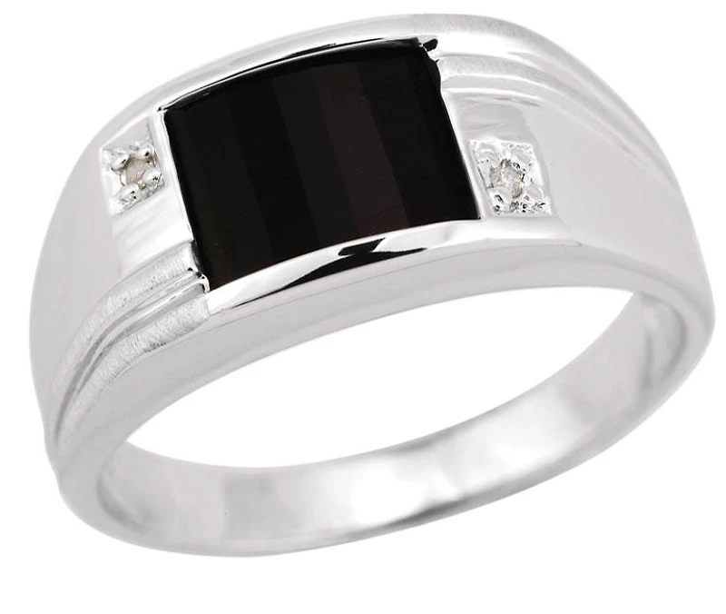 10K White Gold Barrel Cut Onyx Diamond Men'S Ring