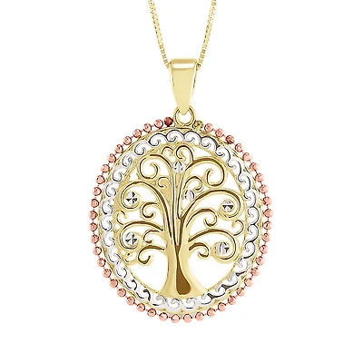 10K Tri-Colour Gold Oval Tree Pendant