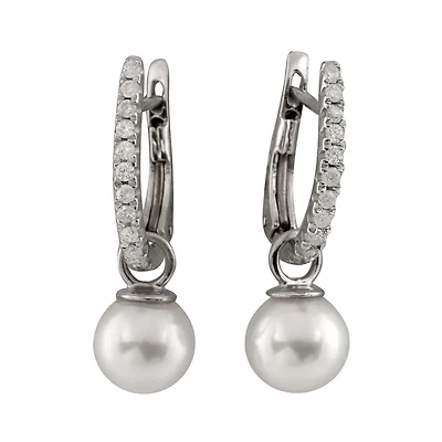 14K White Gold 0.22CTW Diamond and 7.0-7.5mm Akoya Pearl Earrings