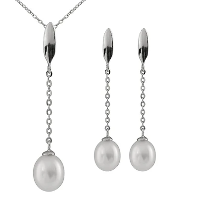 Dangling Silver Pearl 2 Piece Set